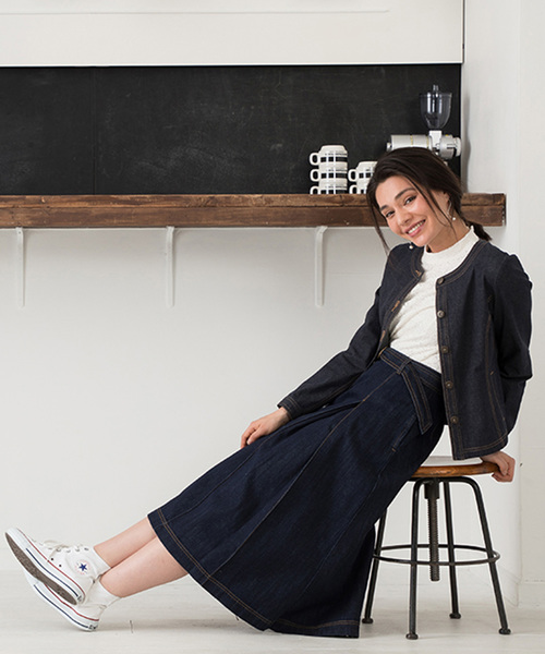 Petit Honfleur(プチオンフルール)の「デニムノーカラージャケット(デニムジャケット・レディース・ネイビー/カーキ・11号/9号/13号)」の11枚目の写真