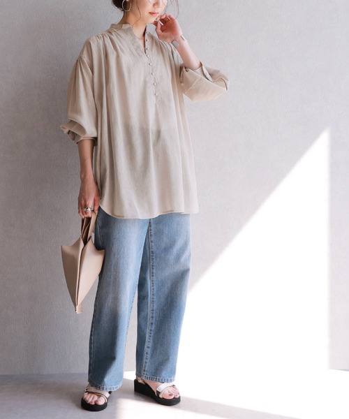 reca(レカ)の「シフォン楊柳バンドカラーブラウス(シャツ/ブラウス・レディース・ラベンダー/ベージュ/ホワイト・M)」の10枚目の写真
