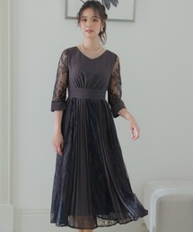PourVous | 七分袖&ミモレ丈 パーティー ドレス レース&プリーツ 大きいサイズ 結婚式 フォーマル オケージョンドレス お呼ばれ 二次会 成人式 同窓会 謝恩会 20代 30代(ドレス)