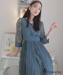結婚式ワンピースドレス お呼ばれ PourVous プールヴー　L ブルー セール】ミニ丈&七分袖フォーマルレースクラシック大きいサイズ