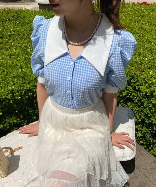 『お値下げ』マカフィーブラウス　ビックカラー　チェックブラウス slattgir ブラウス シャツ 高身長 チェック柄ボウタイブラウス