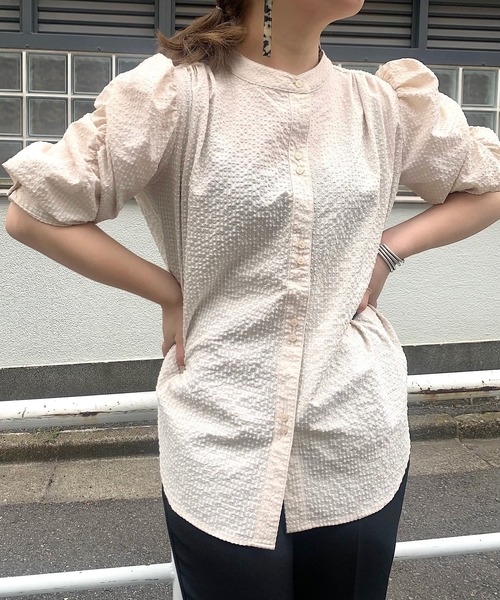 CIAOPANIC（チャオパニック）の「チェック柄袖ボリュームギャザーブラウス（シャツ/ブラウス・レディース・ベージュ/グリーン/オフホワイト/ネイビー・FREE）」の2枚目の写真