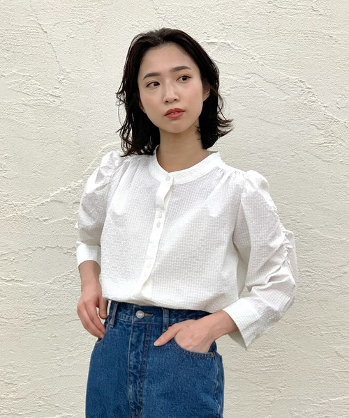 CIAOPANIC（チャオパニック）の「チェック柄袖ボリュームギャザーブラウス（シャツ/ブラウス・レディース・ベージュ/グリーン/オフホワイト/ネイビー・FREE）」の15枚目の写真