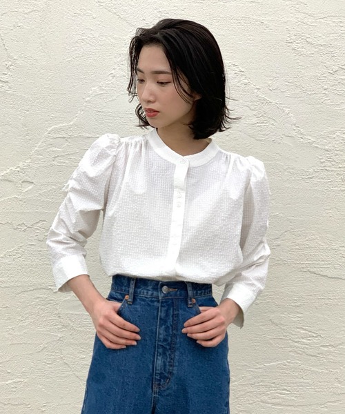 CIAOPANIC（チャオパニック）の「チェック柄袖ボリュームギャザーブラウス（シャツ/ブラウス・レディース・ベージュ/グリーン/オフホワイト/ネイビー・FREE）」の19枚目の写真