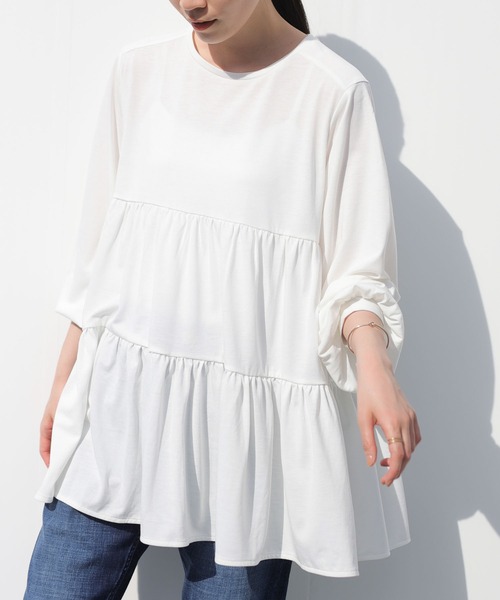 AMERICAN HOLIC（アメリカンホリック）の「ティアードカットチュニック　＊（Tシャツ/カットソー・レディース・オフホワイト/サックスブルー/ミント・M/L）」の2枚目の写真