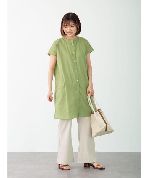 Green Parks(グリーンパークス)の「フレンチスリーブバンドカラーシャツチュニック*(シャツ/ブラウス・レディース・オフホワイト/グリーン/ブラック/ピンク/ブラウン・FREE)」の7枚目の写真