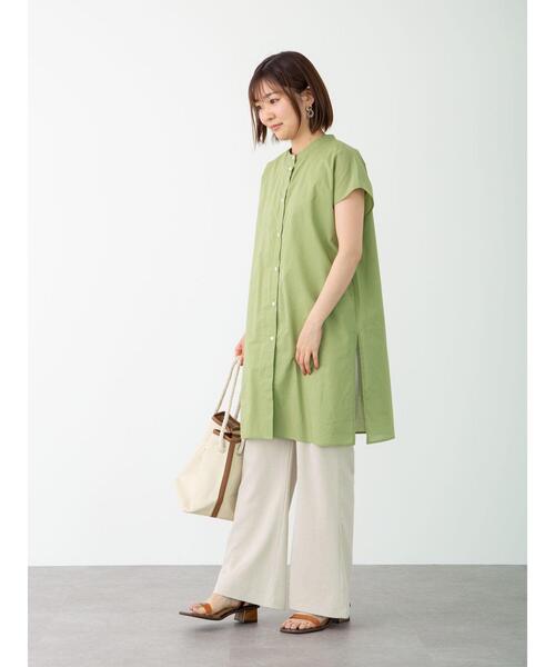 Green Parks(グリーンパークス)の「フレンチスリーブバンドカラーシャツチュニック*(シャツ/ブラウス・レディース・オフホワイト/グリーン/ブラック/ピンク/ブラウン・FREE)」の8枚目の写真