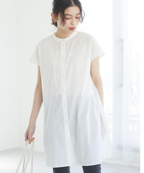 Green Parks(グリーンパークス)の「フレンチスリーブバンドカラーシャツチュニック*(シャツ/ブラウス・レディース・オフホワイト/グリーン/ブラック/ピンク/ブラウン・FREE)」の2枚目の写真