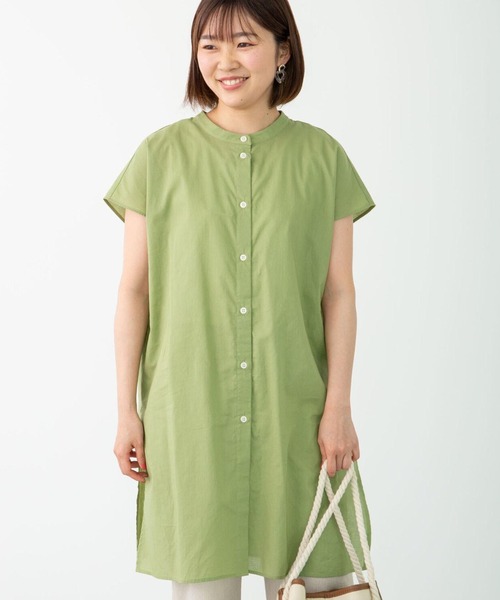 Green Parks(グリーンパークス)の「フレンチスリーブバンドカラーシャツチュニック*(シャツ/ブラウス・レディース・オフホワイト/グリーン/ブラック/ピンク/ブラウン・FREE)」の4枚目の写真