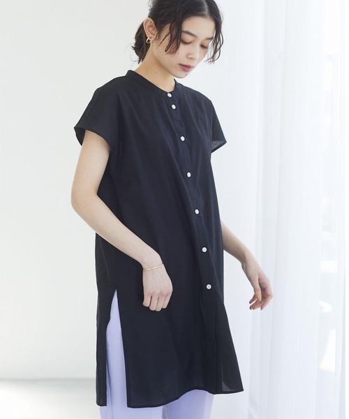 Green Parks(グリーンパークス)の「フレンチスリーブバンドカラーシャツチュニック*(シャツ/ブラウス・レディース・オフホワイト/グリーン/ブラック/ピンク/ブラウン・FREE)」の3枚目の写真