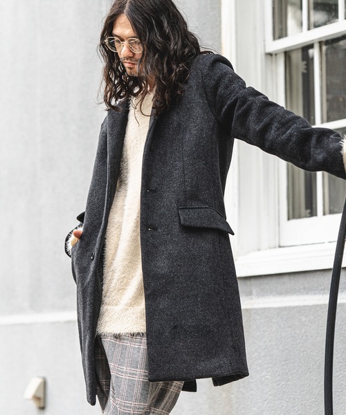 CAMBIO（カンビオ）の「mj8119-襟フェイクレザー切り替えチェスターコート（チェスターコート・メンズ・チャコール/ブラック/ベージュ・L/S/M）」の3枚目の写真