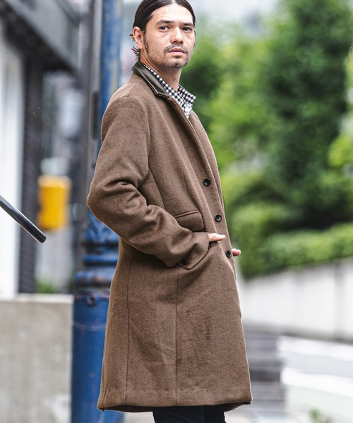 CAMBIO（カンビオ）の「mj8119-襟フェイクレザー切り替えチェスターコート（チェスターコート・メンズ・チャコール/ブラック/ベージュ・L/S/M）」の7枚目の写真