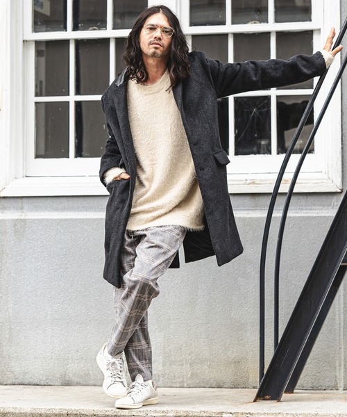 CAMBIO（カンビオ）の「mj8119-襟フェイクレザー切り替えチェスターコート（チェスターコート・メンズ・チャコール/ブラック/ベージュ・L/S/M）」の4枚目の写真