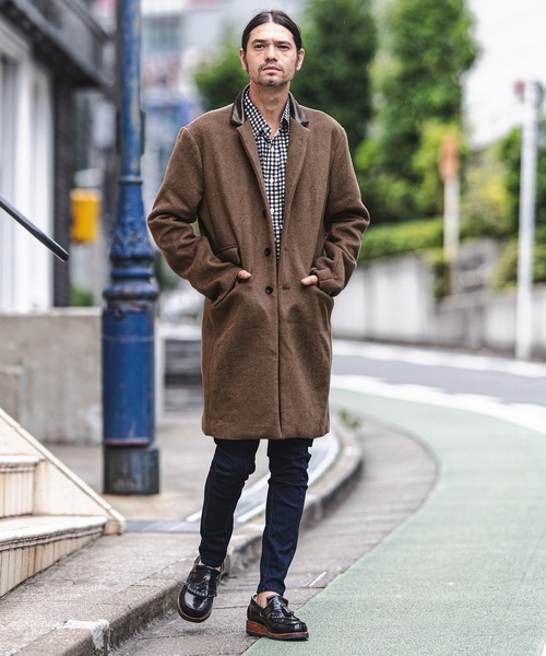 CAMBIO（カンビオ）の「mj8119-襟フェイクレザー切り替えチェスターコート（チェスターコート・メンズ・チャコール/ブラック/ベージュ・L/S/M）」の10枚目の写真