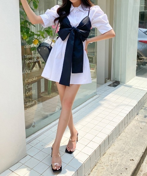 chuu(チュー)の「CHUU リボンビスチェ+シャツワンピース(ワンピース・レディース・アイボリー・FREE)」の3枚目の写真