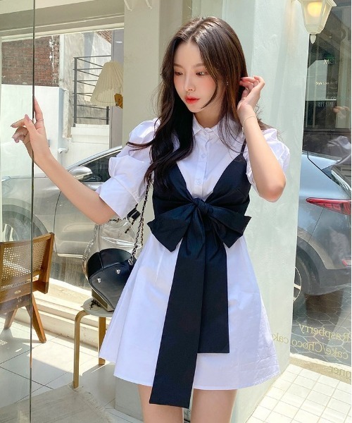 chuu(チュー)の「CHUU リボンビスチェ+シャツワンピース(ワンピース・レディース・アイボリー・FREE)」の14枚目の写真