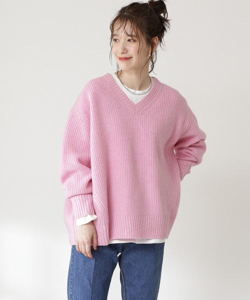 N.（N. Natural Beauty Basic）（エヌエヌナチュラルビューティーベーシック）の「◆片畦Ｖネックラムウールニット（ニット/セーター・レディース・ネイビー/ピンク/イエロー/ナチュラル・MEDIUM）」の7枚目の写真