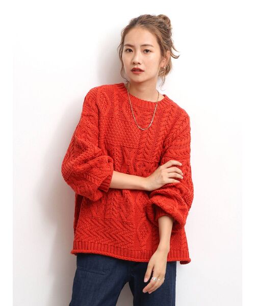 Ungrid（アングリッド）の「【WEB限定】パッチワークケーブルニット（ニット/セーター・レディース・ブラック/オレンジ/アイボリー/ミント/モカ・FREE）」の6枚目の写真