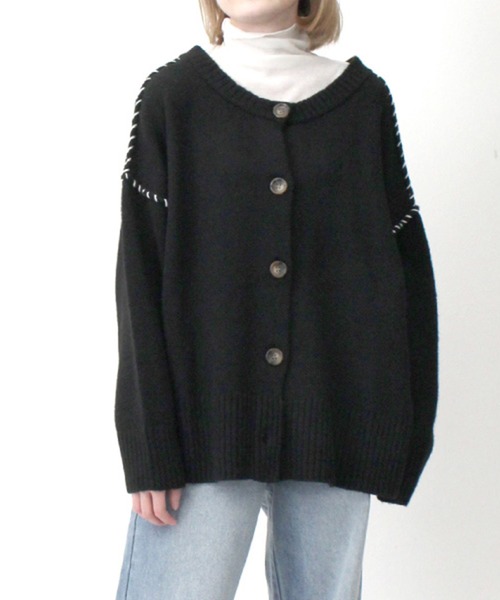 STYLEBLOCK（スタイルブロック）の「もちもちニットハンドステッチ入り2WAYカーディガン（カーディガン/ボレロ・レディース・ブラック/アイボリー/ライトベージュ・M）」の3枚目の写真