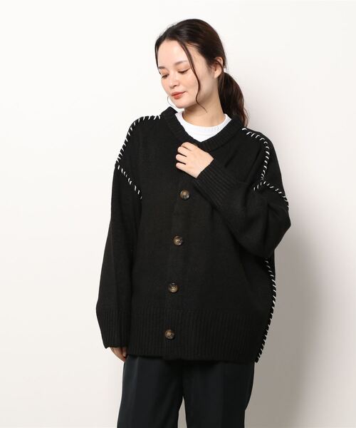 STYLEBLOCK（スタイルブロック）の「もちもちニットハンドステッチ入り2WAYカーディガン（カーディガン/ボレロ・レディース・ブラック/アイボリー/ライトベージュ・M）」の7枚目の写真