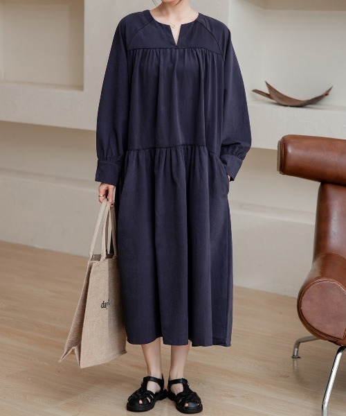 DAY CLOSET(デイ クローゼット)の「レディース 長袖ティアードコットンワンピース(ワンピース・レディース・ブラック/ネイビー/キャメル/カーキ/ベージュ・ONE SIZE)」の4枚目の写真