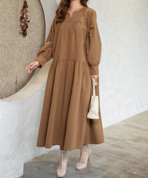 DAY CLOSET(デイ クローゼット)の「レディース 長袖ティアードコットンワンピース(ワンピース・レディース・ブラック/ネイビー/キャメル/カーキ/ベージュ・ONE SIZE)」の5枚目の写真