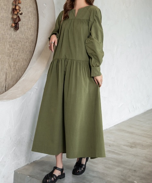 DAY CLOSET(デイ クローゼット)の「レディース 長袖ティアードコットンワンピース(ワンピース・レディース・ブラック/ネイビー/キャメル/カーキ/ベージュ・ONE SIZE)」の1枚目の写真