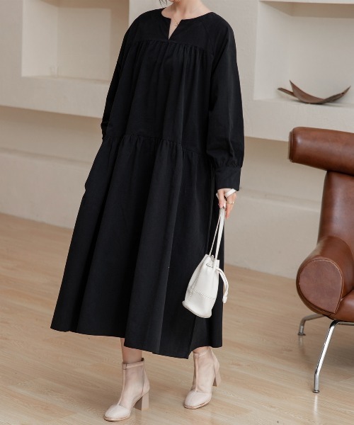 DAY CLOSET(デイ クローゼット)の「レディース 長袖ティアードコットンワンピース(ワンピース・レディース・ブラック/ネイビー/キャメル/カーキ/ベージュ・ONE SIZE)」の2枚目の写真