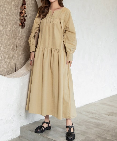 DAY CLOSET(デイ クローゼット)の「レディース 長袖ティアードコットンワンピース(ワンピース・レディース・ブラック/ネイビー/キャメル/カーキ/ベージュ・ONE SIZE)」の12枚目の写真