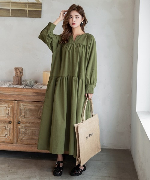 DAY CLOSET(デイ クローゼット)の「レディース 長袖ティアードコットンワンピース(ワンピース・レディース・ブラック/ネイビー/キャメル/カーキ/ベージュ・ONE SIZE)」の13枚目の写真