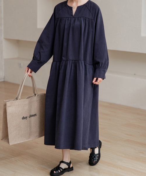 DAY CLOSET(デイ クローゼット)の「レディース 長袖ティアードコットンワンピース(ワンピース・レディース・ブラック/ネイビー/キャメル/カーキ/ベージュ・ONE SIZE)」の15枚目の写真