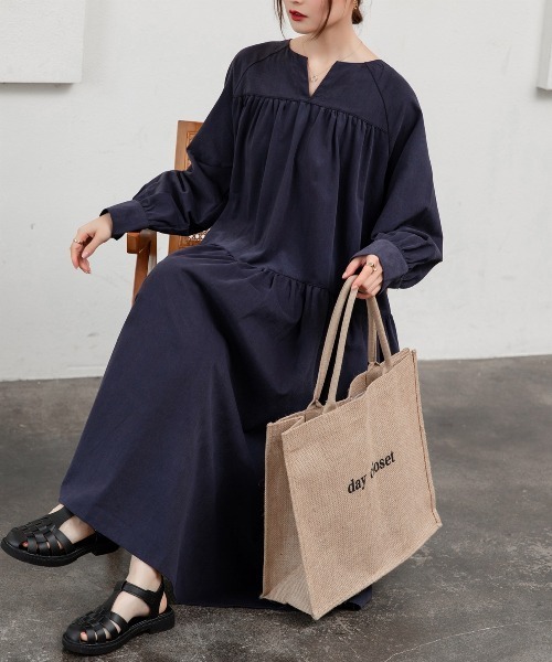 DAY CLOSET(デイ クローゼット)の「レディース 長袖ティアードコットンワンピース(ワンピース・レディース・ブラック/ネイビー/キャメル/カーキ/ベージュ・ONE SIZE)」の11枚目の写真