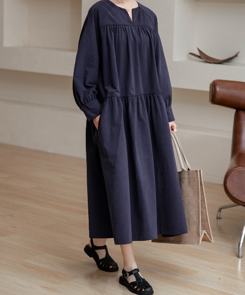 DAY CLOSET(デイ クローゼット)の「レディース 長袖ティアードコットンワンピース(ワンピース・レディース・ブラック/ネイビー/キャメル/カーキ/ベージュ・ONE SIZE)」の7枚目の写真