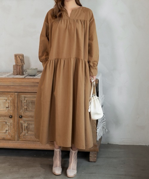 DAY CLOSET(デイ クローゼット)の「レディース 長袖ティアードコットンワンピース(ワンピース・レディース・ブラック/ネイビー/キャメル/カーキ/ベージュ・ONE SIZE)」の9枚目の写真
