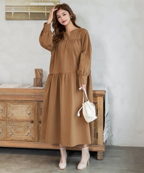 DAY CLOSET(デイ クローゼット)の「レディース 長袖ティアードコットンワンピース(ワンピース・レディース・ブラック/ネイビー/キャメル/カーキ/ベージュ・ONE SIZE)」の18枚目の写真