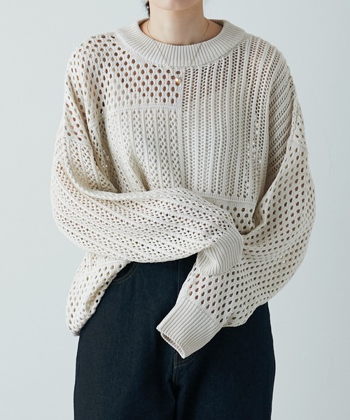 etoll.（エトル）の「ブロッキング クロシェニット プルオーバー（ニット/セーター・レディース・ライトベージュ/アイボリー/モカ/ブラック/ベージュ・M）」の5枚目の写真