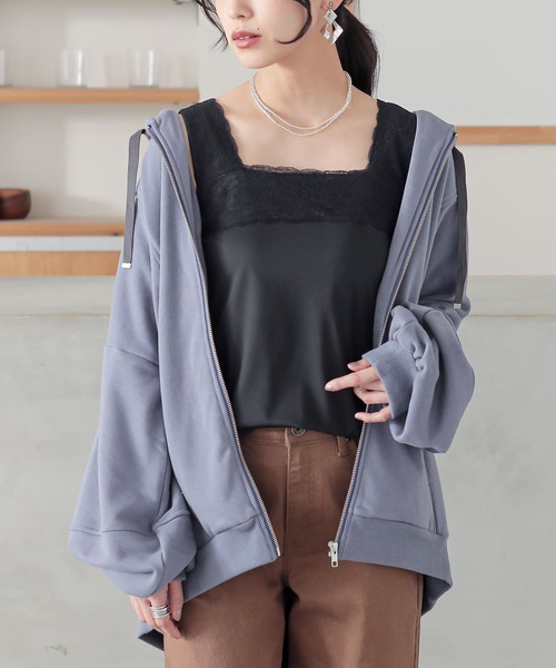 osharewalker（オシャレウォーカー）の「【廃盤】【機能素材】『スクエアレースタンクトップ』（タンクトップ・レディース・ブラック/オフホワイト/ブルーグリーン/チャコール/ピンク・LL/M/L）」の2枚目の写真