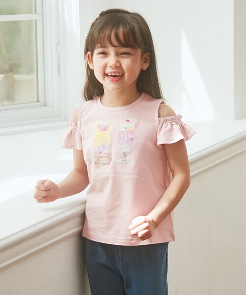 ANY（エニィ）の「オンオフショルダーパフェTシャツ（Tシャツ/カットソー・キッズ・ホワイト系/ライトグリーン系/ピンク系・90/100/120/130/110）」の2枚目の写真