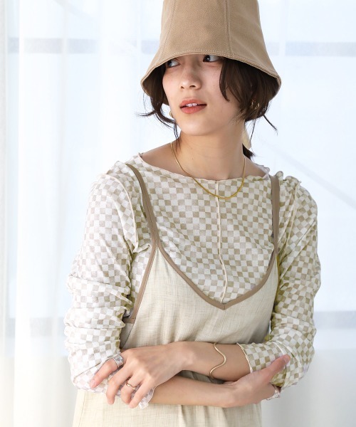 Bou Jeloud(ブージュルード)の「【WEB限定】チェッカーフラッグ2wayメロートップス(Tシャツ/カットソー・レディース・オフホワイト/ベージュ/ミント・FREE)」の1枚目の写真