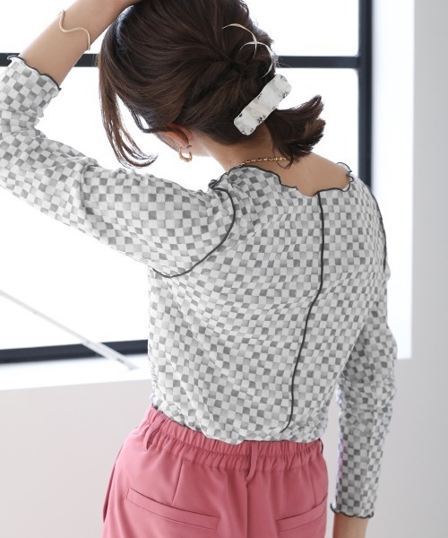 Bou Jeloud(ブージュルード)の「【WEB限定】チェッカーフラッグ2wayメロートップス(Tシャツ/カットソー・レディース・オフホワイト/ベージュ/ミント・FREE)」の2枚目の写真