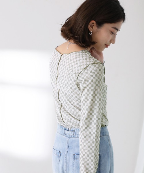 Bou Jeloud(ブージュルード)の「【WEB限定】チェッカーフラッグ2wayメロートップス(Tシャツ/カットソー・レディース・オフホワイト/ベージュ/ミント・FREE)」の15枚目の写真