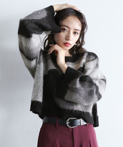 HARE（ハレ）の「2WAYモヘヤマーブルニット(HARE)（ニット/セーター・レディース・グリーン/ブラック・FREE）」の2枚目の写真