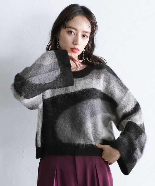 HARE（ハレ）の「2WAYモヘヤマーブルニット(HARE)（ニット/セーター・レディース・グリーン/ブラック・FREE）」の4枚目の写真