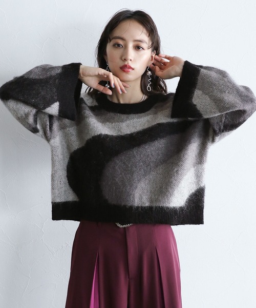 HARE（ハレ）の「2WAYモヘヤマーブルニット(HARE)（ニット/セーター・レディース・グリーン/ブラック・FREE）」の5枚目の写真