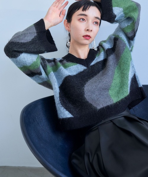 HARE（ハレ）の「2WAYモヘヤマーブルニット(HARE)（ニット/セーター・レディース・グリーン/ブラック・FREE）」の8枚目の写真