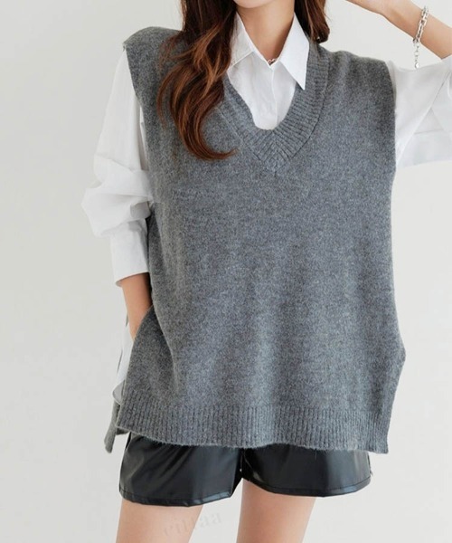 Dalfwin（ダールフィン）の「2022 AW 秋冬 韓国ファッション ニット ベスト レディース　ルーズフィットニットベスト ジレ（ベスト・レディース・ブラック/ベージュ/グレー・FREE）」の10枚目の写真