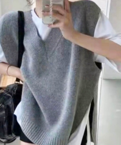 Dalfwin（ダールフィン）の「2022 AW 秋冬 韓国ファッション ニット ベスト レディース　ルーズフィットニットベスト ジレ（ベスト・レディース・ブラック/ベージュ/グレー・FREE）」の16枚目の写真