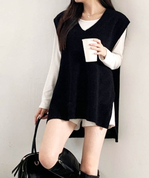 Dalfwin（ダールフィン）の「2022 AW 秋冬 韓国ファッション ニット ベスト レディース　ルーズフィットニットベスト ジレ（ベスト・レディース・ブラック/ベージュ/グレー・FREE）」の12枚目の写真