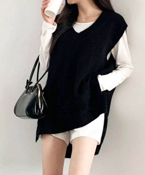 Dalfwin（ダールフィン）の「2022 AW 秋冬 韓国ファッション ニット ベスト レディース　ルーズフィットニットベスト ジレ（ベスト・レディース・ブラック/ベージュ/グレー・FREE）」の17枚目の写真