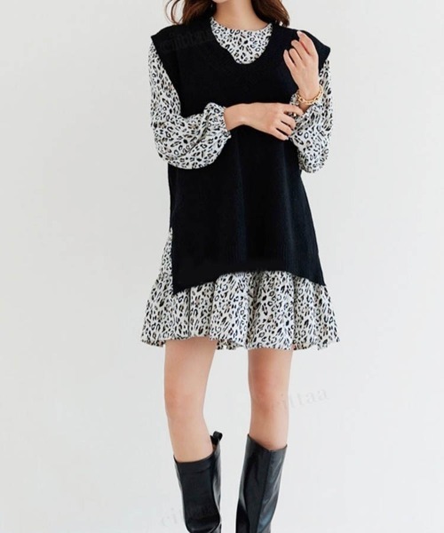 Dalfwin（ダールフィン）の「2022 AW 秋冬 韓国ファッション ニット ベスト レディース　ルーズフィットニットベスト ジレ（ベスト・レディース・ブラック/ベージュ/グレー・FREE）」の8枚目の写真